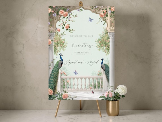 Personalised Peacock Wedding Welcome Sign, Luxury Floral Foamex Board, A1 A2, Sangeet Mehndi Décor, Indian Wedding Sign, Custom Name Sign