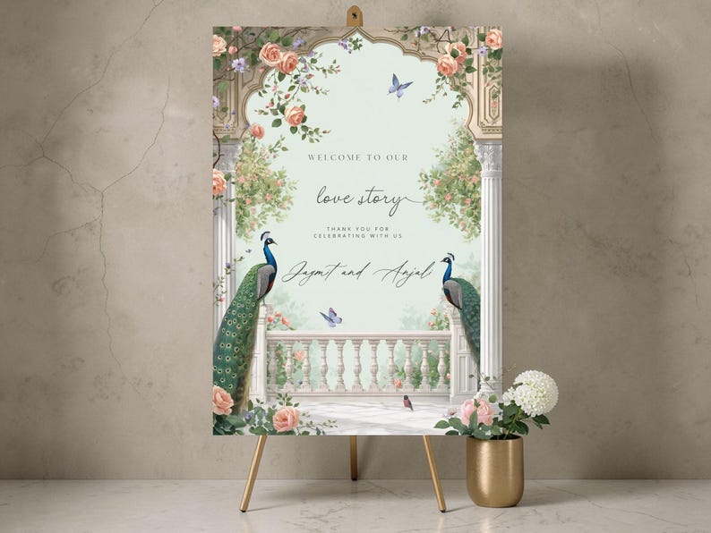 Personalised luxury peacock wedding welcome sign with floral arch and elegant script, printed on foamex board