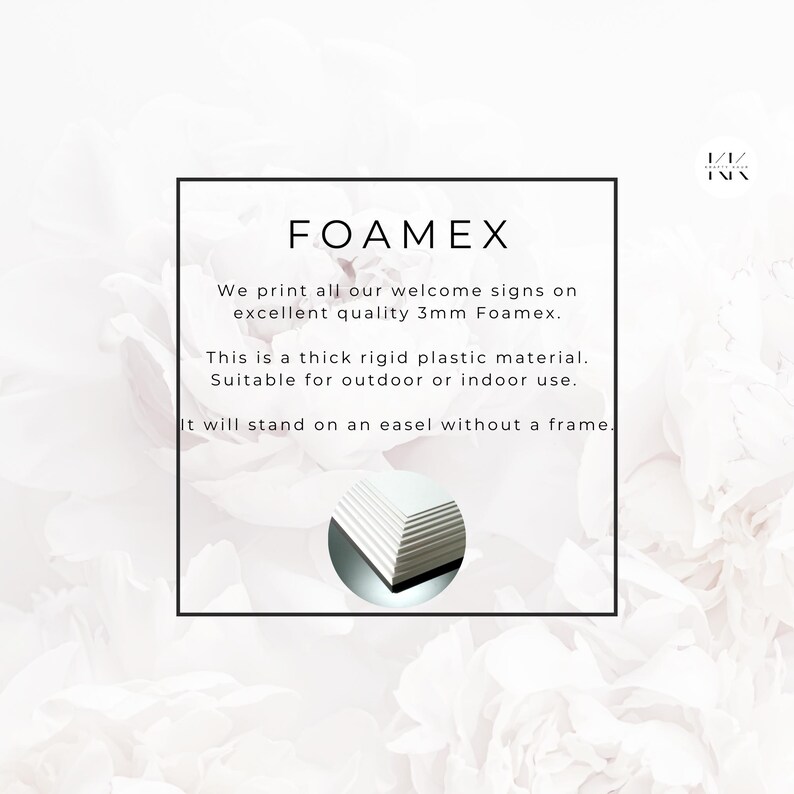 May include: A white sign with the word "FOAMEX" in a black frame. The text describes the sign as a 3mm thick, rigid plastic material suitable for indoor or outdoor use. It will stand on an easel without a frame.