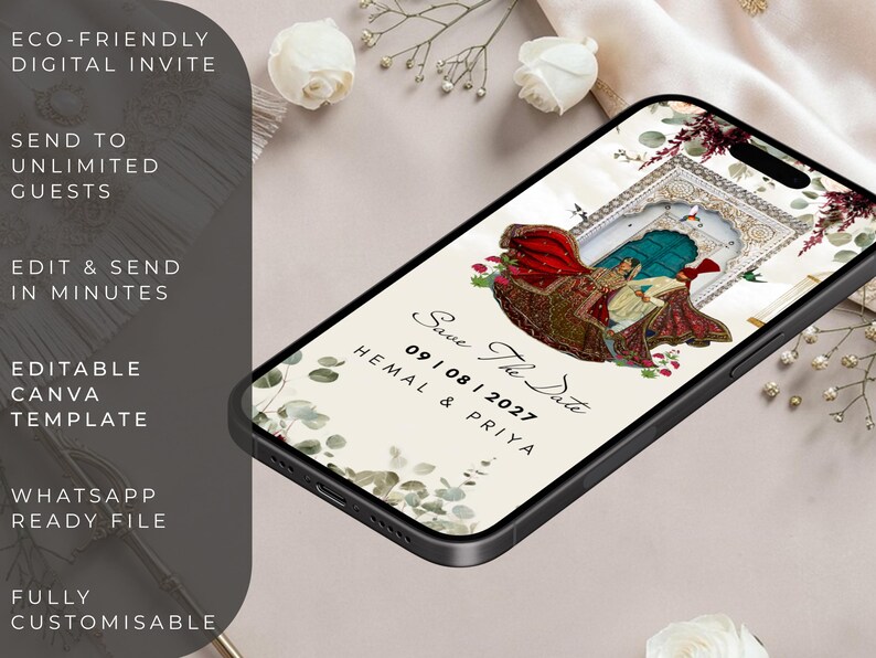 Save the Date Announcement - Indian Couple, Illustation - Digital File can be sent via Whatsapp! E-Invite, Indian Weddings, image 3