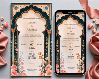 Plantilla de invitación de mehndi, elegante invitación digital para ceremonia de mehndi para boda, autoedición, descarga instantánea, invitación de WhatsApp