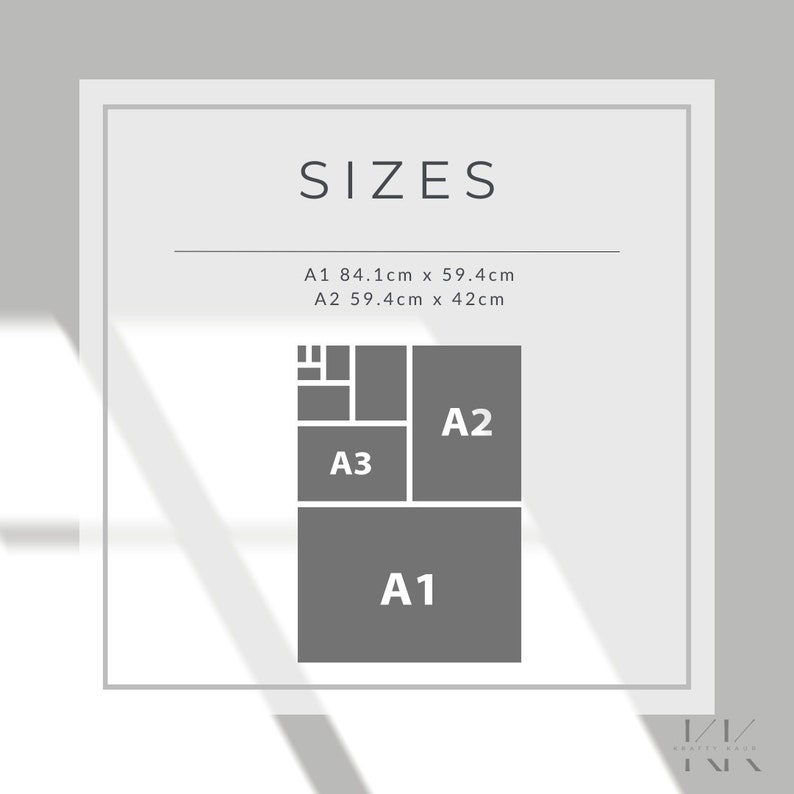 May include: A diagram showing the different sizes of paper available, labeled A1, A2, and A3. The measurements are listed in centimeters. A1 is 84.1cm x 59.4cm, A2 is 59.4cm x 42cm.