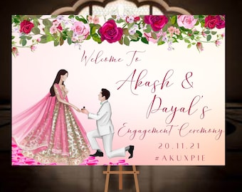Engagement Wedding Welcome Sign - Indian Bride Groom Couple Illustration - Sikh Punjabi Hindu Muslim Wedding Sign, Digital Copy