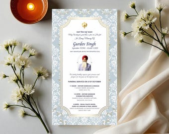Sikh Funeral Digital Invitation Card | Elegant and Peaceful Damask Design, Send Via WhatsApp or Mobile Message, Instant Download, Self Edit