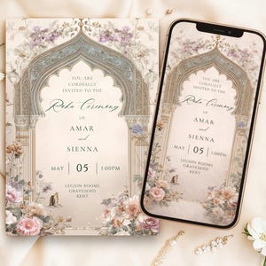 Może przedstawiać: Karta zaproszenia i smartfon wyświetlający wersję cyfrową, oba z kwiatowym wzorem i łukiem. Tekst brzmi "Roba Ceremony" dla Amar i Sienna, 05 maja, 13:00, Legion Rooms, Gravesend, Kent.