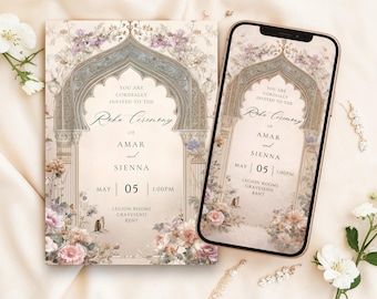 Roka Ceremony Digital Invitation | Indian Engagement Invite | Mughal Arch Floral Card | Editable Canva Template | A5 Printable WhatsApp