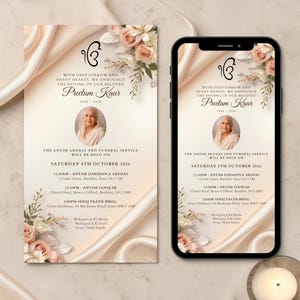 Sikh Funeral Invitation Digital Template | Blush Floral Photo | Antam Sanskar Ardaas | Editable Canva | WhatsApp Print Ready | Instant