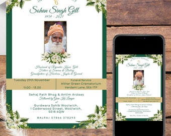 Sikh Funeral Programme - Indian Funeral Invite Personalised, Digital Can be Sent via WhatsApp to Friends and Family