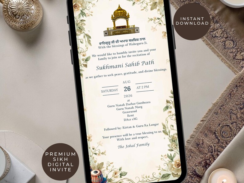 Sukhmani Sahib Path Invitation | Sikh Digital Invite | Floral Punjabi Invite | WhatsApp Invite | Gurdwara Path Invitation | Instant Download image 1