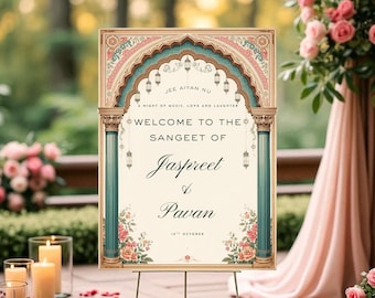Plaque de bienvenue de mariage Sangeet de luxe - Mehndi, semaine du mariage, chunni, plaque de mariage imprimable personnalisée, numérique