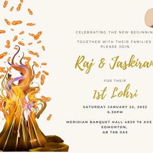 May include: An invitation to a 1st Lohri celebration for Raj & Jaskiran. The invitation features a bonfire with orange flames and a traditional Indian drum hanging from the top. The event will be held on Saturday, January 22, 2022 at 6:30 PM at the Meridian Banquet Hall in Edmonton, Alberta.