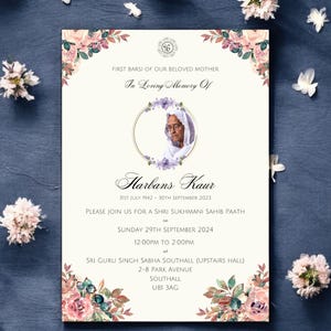 Première invitation sikh pendjabi Barsi Bhog Shri Sukhmani Sahib Paath, numérique, envoi via Whatsapp, modèle d'autoédition, téléchargement immédiat