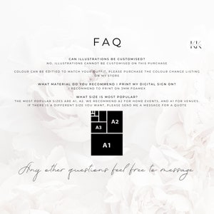 Puede incluir: Una hoja de preguntas frecuentes impresa digitalmente con un fondo floral. El texto incluye informaci&oacute;n sobre personalizaci&oacute;n, materiales de impresi&oacute;n y tama&ntilde;os populares, con opciones de tama&ntilde;o A1, A2 y A3 mostradas. El texto dice: "Para cualquier otra pregunta, no dude en enviar un mensaje."