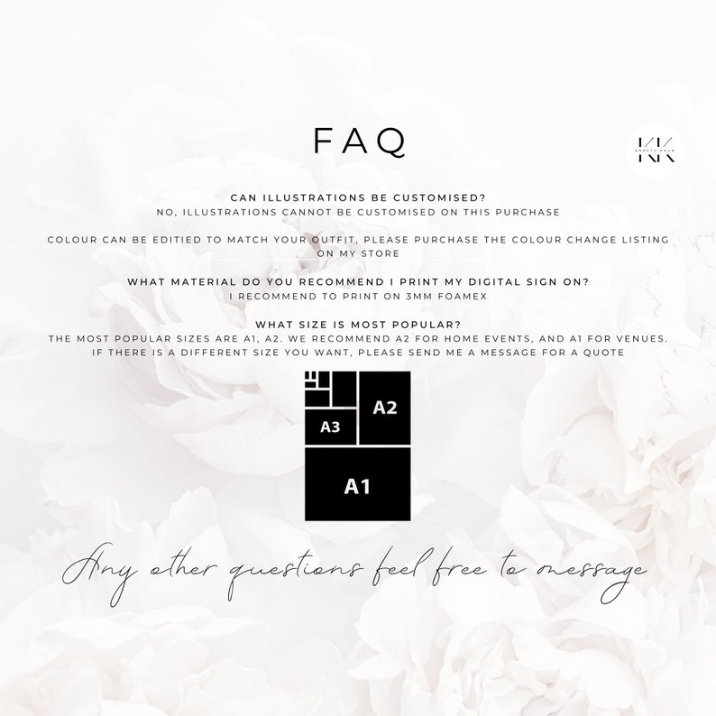 Puede incluir: Una hoja de preguntas frecuentes impresa digitalmente con un fondo floral. El texto incluye informaci&oacute;n sobre personalizaci&oacute;n, materiales de impresi&oacute;n y tama&ntilde;os populares, con opciones de tama&ntilde;o A1, A2 y A3 mostradas. El texto dice: "Para cualquier otra pregunta, no dude en enviar un mensaje."