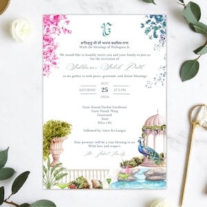Könnte beinhalten: Eine Aquarell-Einladungskarte mit einem Pfau und einem Pavillon. Die Einladung ist für einen Sutherans Jakib Path am 25. August 2024 um 14:00 Uhr im Guru Nanak Darbar Gurdwara in Gravesend, Kent. Die Einladung wird von Guru Ka Langar gefolgt.