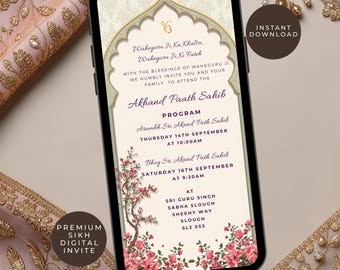 Elegant Akhand Paath Sahib-inbjudan | Digital mobilinbjudan för sikhisk religiös ceremoni | Gurdwara-evenemang | Direkt nedladdning, självredigering
