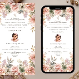 Sikh First Birthday Invitation Template | Sukhmani Sahib | Punjabi Birthday Invite | Gurdwara Invitation | Editable Photo Invite | Girl