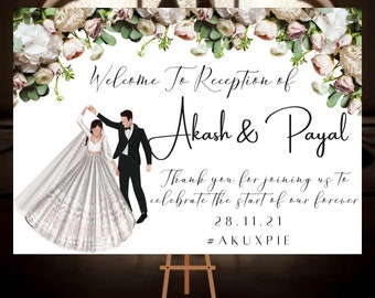 Wedding Reception Welcome Sign - with Indian Bride Groom Illustration - Sikh Punjabi Hindu Indian Asian - Wedding Decroation - Digital