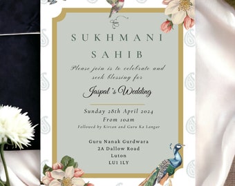 Sikh Sukhmani Sahib Paath Invitation Invite Modern - Floral Peacock - Digital E-Invitation Can sent via WhatsApp by Krafty Kaur