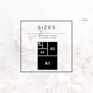 Puede incluir: Un gr&aacute;fico que muestra los tama&ntilde;os de impresi&oacute;n A1, A2 y A3, con dimensiones en cent&iacute;metros. La palabra "SIZES" est&aacute; en la parte superior. La impresi&oacute;n A1 mide 84,1 cm x 59,4 cm, y la A2 mide 59,4 cm x 42 cm. El fondo es un patr&oacute;n floral suave y borroso.
