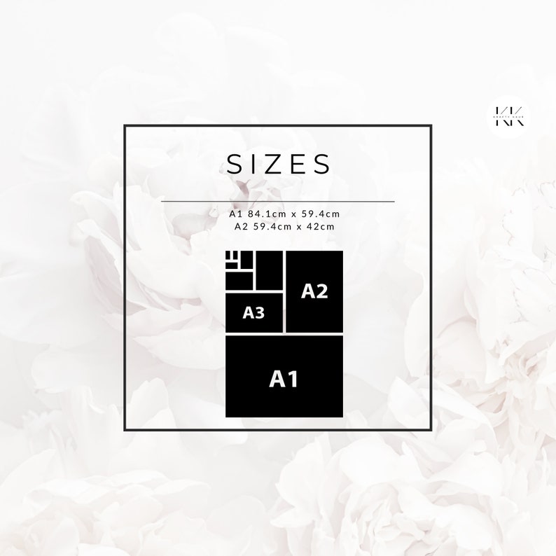 Puede incluir: Un gr&aacute;fico que muestra los tama&ntilde;os de impresi&oacute;n A1, A2 y A3, con dimensiones en cent&iacute;metros. La palabra "SIZES" est&aacute; en la parte superior. La impresi&oacute;n A1 mide 84,1 cm x 59,4 cm, y la A2 mide 59,4 cm x 42 cm. El fondo es un patr&oacute;n floral suave y borroso.