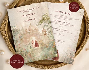 Punjabi sikh huwelijksuitnodiging digitaal | 5 pagina's aquarel paleispaar Jago Maiyan Choora Anand Karaj receptie canva