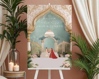 Op de afbeelding: Een welkomstbord voor een bruiloft met een illustratie van een stel in traditionele kleding. Het bord heeft sierlijke architectonische details en de namen AMAR & JASLEEN. De achtergrond is zachtblauw van kleur.