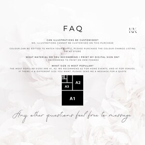 以下が含まれることがあります： 白の背景に黒字で「FAQ」と書かれています。テキストは、カスタマイズ、印刷素材、サイズに関する質問に答えます。画像には、A1、A2、A3のサイズの例が含まれています。画像の下部には「その他のご質問は、お気軽にご連絡ください」と書かれています。