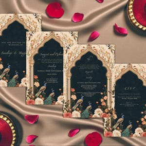 May include: Wedding invitation suite featuring a dark navy background with gold arch details, floral accents, and peacock illustrations. The invitations include event details and an RSVP card. Red rose petals and decorative elements complete the design.