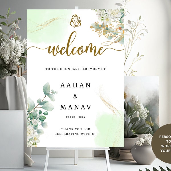 Indian Wedding Welcome Sign | Perfect for Wedding or Engagement | Personalised | Printed on Foamex |  Indian Wedding Decor with Ganesh