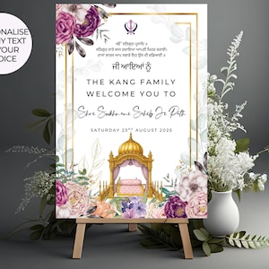 May include: A welcome sign on a wooden easel, with floral arrangements and gold accents. The sign reads "The Kang Family Welcome You To..." with event details. The design includes a gold frame and a decorative temple illustration.