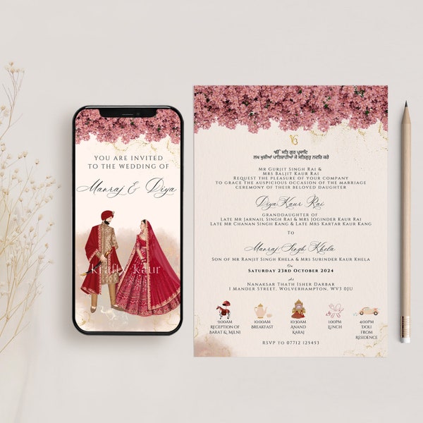 Sikh Wedding Digital Invitation, Anand Karaj Illustration Couple - Digital Invite - Can be sent via Whatsapp