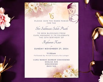 May include: A pink and white invitation card with floral accents. The text reads "Please join the Mann Pawar for the Shri Sukhmani Sahib Paath to seek blessings from Guru Maharaj Ji to celebrate the 10th birthday of Rajkaran Kaur. Sunday November 27, 2024, 11:00am. Followed by Kirtan & Guru Ka Langar. Guru Nanak Darbar Gravesend, Khalsa Ave, Gravesend, DA12 1AG."