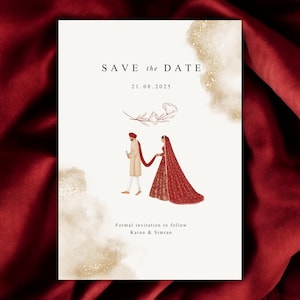 May include: Save the Date card with a watercolor background and gold glitter. The card features a couple in traditional Indian wedding attire. The date is 21.08.2025. The text "Formal invitation to follow Karan & Simran" is at the bottom of the card.