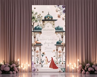 Op de afbeelding: Een huwelijksachtergrond met sierlijke architecturale elementen, turquoise koepels en bloemmotieven. De tekst luidt "Welcome to the Anand Karaj of Harjinder & Simran, 12th August 2020." Een stel in traditionele kleding is onderaan afgebeeld.