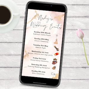 May include: A digital invitation for a wedding with a pink and gold marble background. The invitation lists the events for the wedding, including the date and time of each event. The events include a Sukhmani Sahib Paath, Chunni Ceremony, Mehndi Night, Maiyan, Choora and Jago party, Anand Karaj Ceremony, Evening Wedding Reception, and Milni Ceremony.
