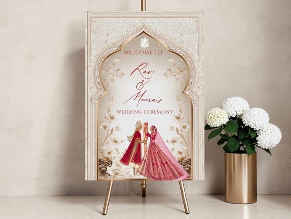 Hindu Wedding Welcome Sign | Personalised Phera Ceremony Board | Ganesha Illustrated Couple | Ivory Gold | A1 A2 Foamex Print