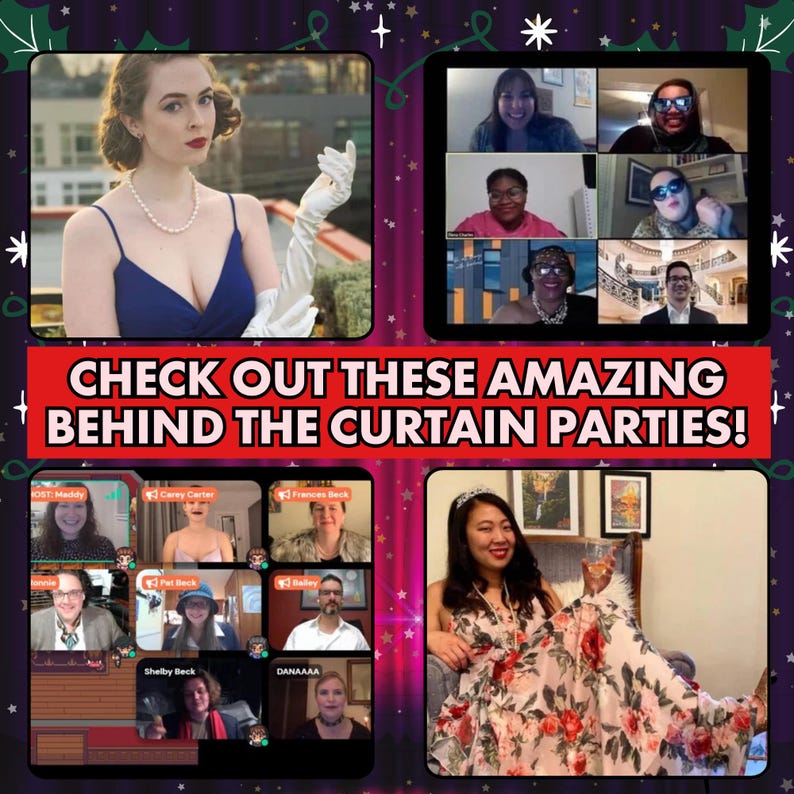 May include: A promotional image with multiple screens showing people on video calls. The image includes the text "CHECK OUT THESE AMAZING BEHIND THE CURTAIN PARTIES!" and features various individuals in different settings.