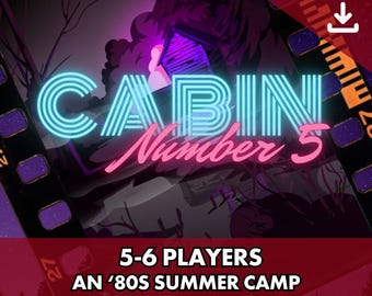 Gioco di mistero con delitto ambientato in un campeggio estivo anni '80 / 5-6 giocatori / Kit di mistero ispirato ai film horror slasher retrò / Download digitale stampabile / Cabina n. 5