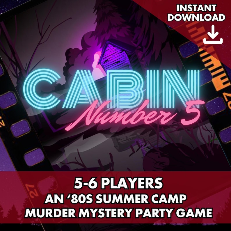 Gioco di mistero con delitto ambientato in un campeggio estivo anni '80 / 5-6 giocatori / Kit di mistero ispirato ai film horror slasher retrò / Download digitale stampabile / Cabina n. 5 immagine 1