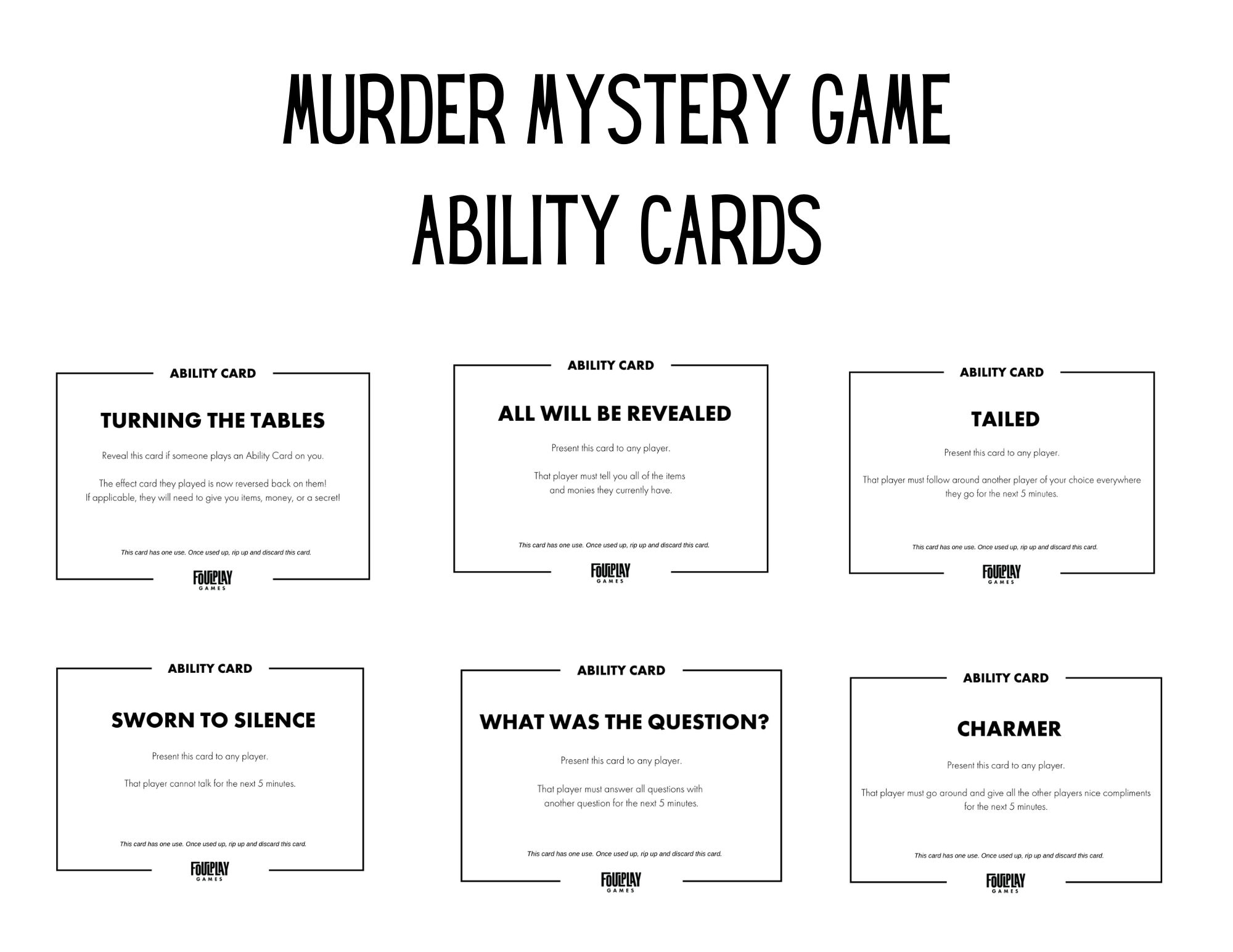 Murder Mystery Game Ability Cards Instant Download (Download Now