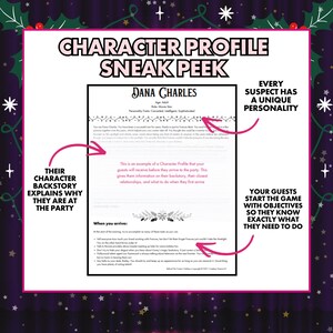 May include: A Character Profile Sneak Peek with the name "Dana Charles" is displayed. The text explains the profile gives guests information on their backstory, relationships, and objectives. The image is framed with a purple border and festive decorations.