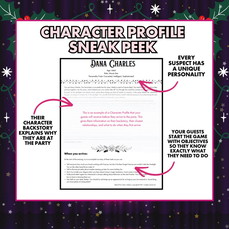May include: A Character Profile Sneak Peek with the name "Dana Charles" is displayed. The text explains the profile gives guests information on their backstory, relationships, and objectives. The image is framed with a purple border and festive decorations.