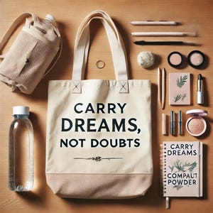 Op de afbeelding: Een witte canvas draagtas met de tekst "Carry Dreams, Not Doubts" in zwart gedrukt. De tas heeft bruine leren handvatten en een bruine leren bodem. De tas ligt op een houten oppervlak met verschillende andere items, waaronder een waterfles, make-up en een notitieboek.