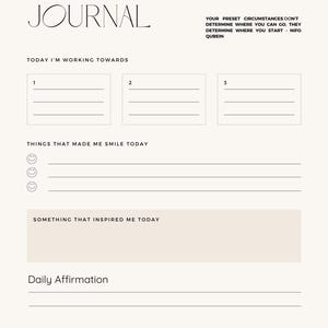 K&ouml;nnte beinhalten: Ein druckbares Zweck-Journal mit einem schwarz-wei&szlig;en Design. Das Journal enth&auml;lt Abschnitte f&uuml;r t&auml;gliche Ziele, Dinge, die dich zum L&auml;cheln gebracht haben, Inspiration, Affirmationen und Notizen.