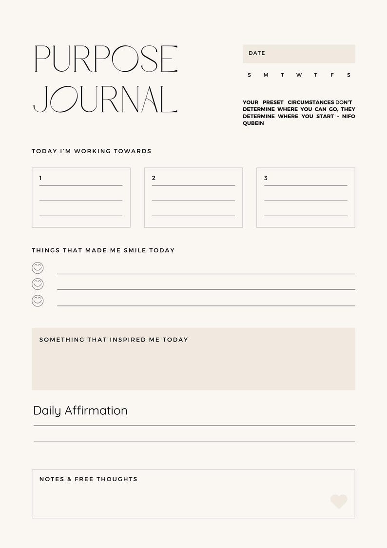 K&ouml;nnte beinhalten: Ein druckbares Zweck-Journal mit einem schwarz-wei&szlig;en Design. Das Journal enth&auml;lt Abschnitte f&uuml;r t&auml;gliche Ziele, Dinge, die dich zum L&auml;cheln gebracht haben, Inspiration, Affirmationen und Notizen.