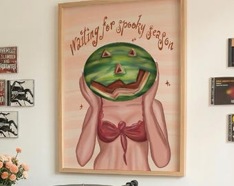 Wachten op het spookseizoen: Watermeloen Summerween print, muurdecoratie, olieverfschilderij, funky pompoenposter, meisjesachtig appartement, Halloweenkamerdecoratie