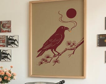 Ravenprint Kraai Muurdecoratie Vintage Blokdruk Stijl Sfeervolle Botanische Poster Boho Vogelkunst, Japanse Zen Japandi Kunst, Dark Academia