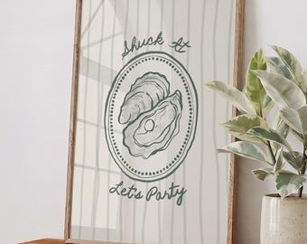 Shuck It Let's Party Print, Oyster Stamp Wall Art, Funny Coastal Pun Poster, Sage Green Nautical Decor, Vintage Seafood Printable Wall Art