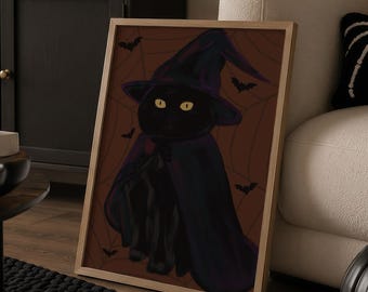 Zwarte kat heks Halloween muurdecoratie, Whimsigoth kattenprint, griezelig digitaal olieverfschilderij, gotische Halloween print, heksenkat poster